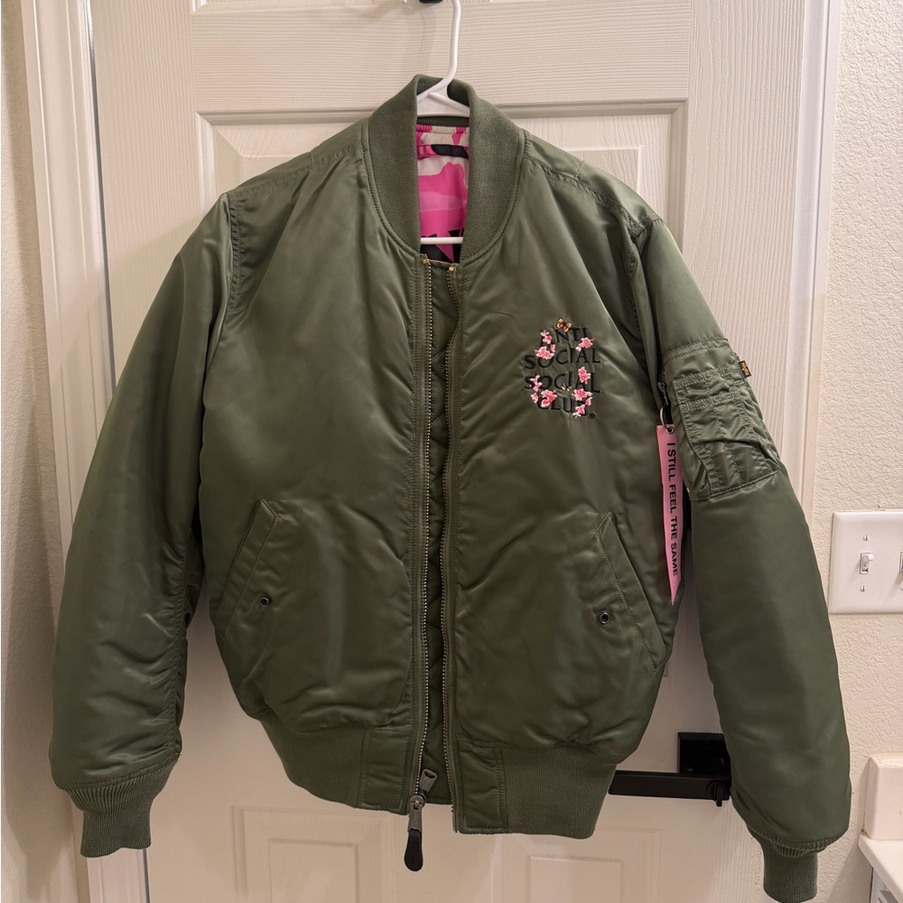 Anti Social Social Club Green Bomber Jacket with Pink Details